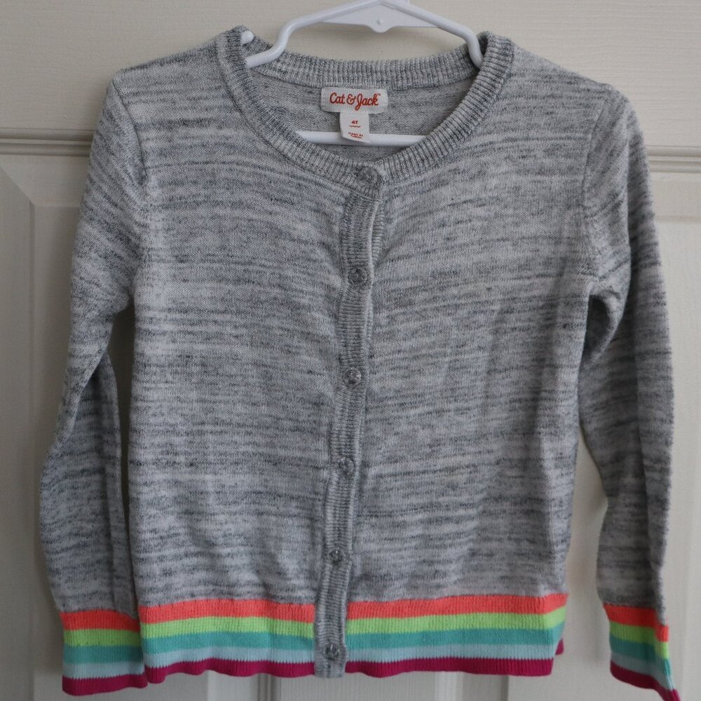 Cat and Jack Grey Button Up Sweater with Rainbow Cuffs and Bottom 4T